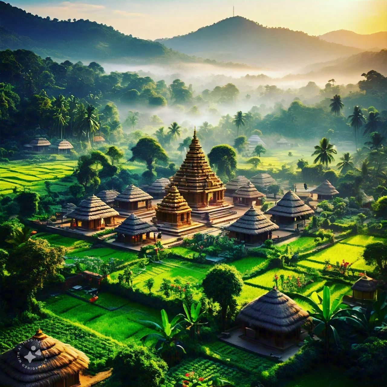 A temple village among paddy fields and coconut palms, with misty hills behind